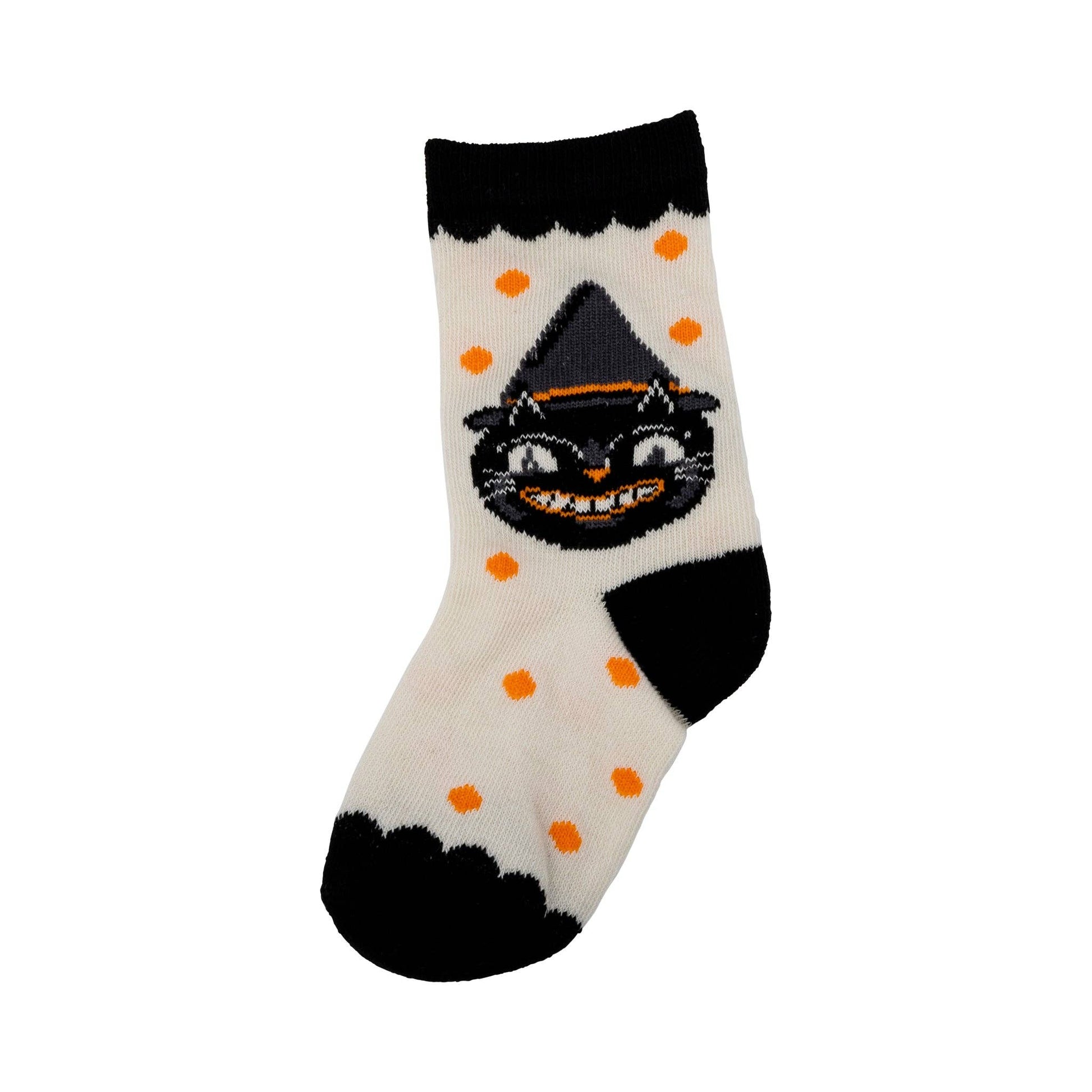 Halloween-themed cat sock with black and orange design on a white background