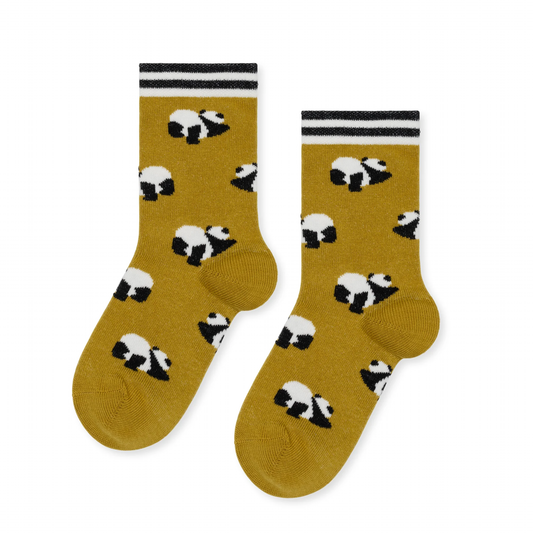 Mustard yellow socks with panda pattern on a white background
