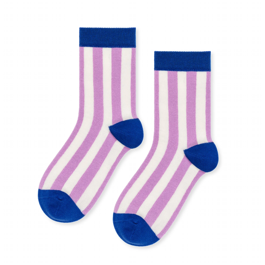 Pair of purple and white striped socks with blue accents on a white background