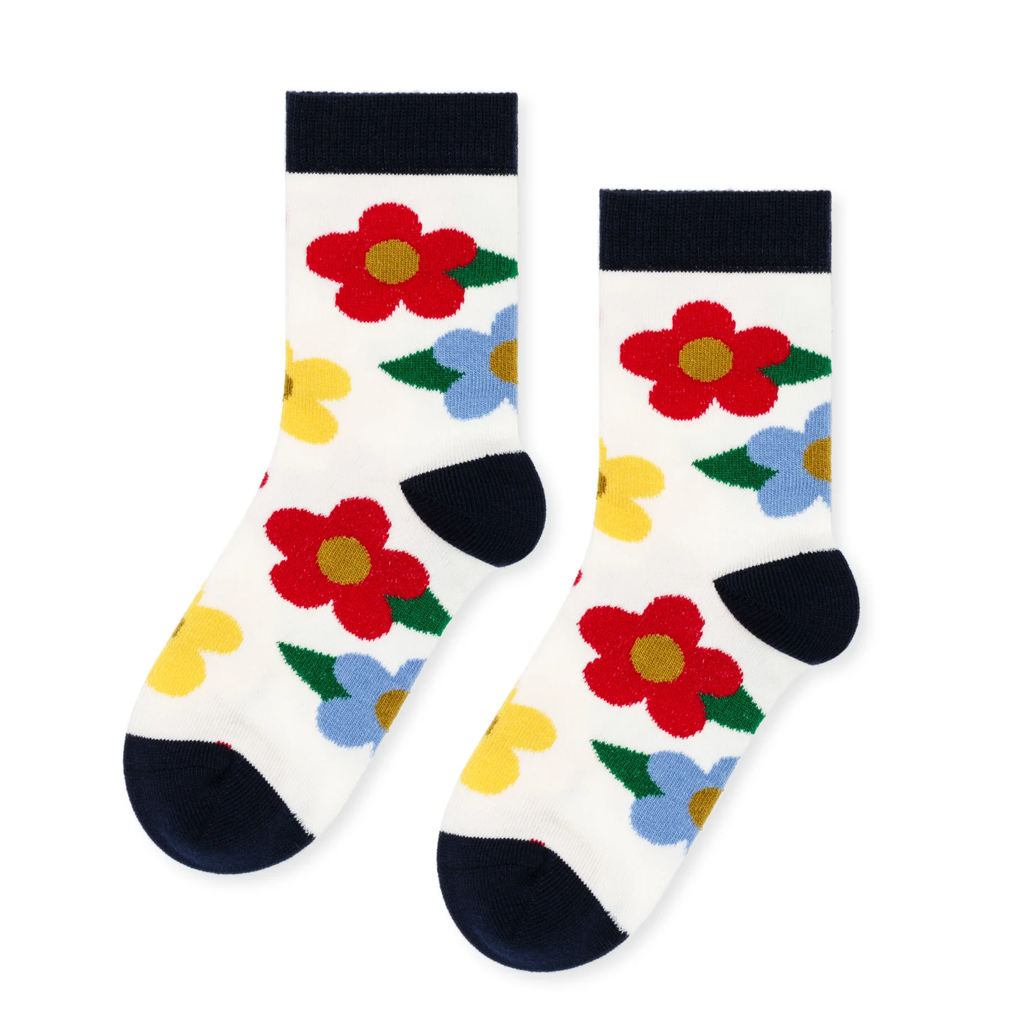 Colorful floral socks with black toes and heels on a white background