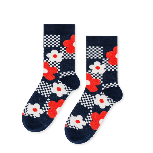 Pair of socks with floral pattern on a white background