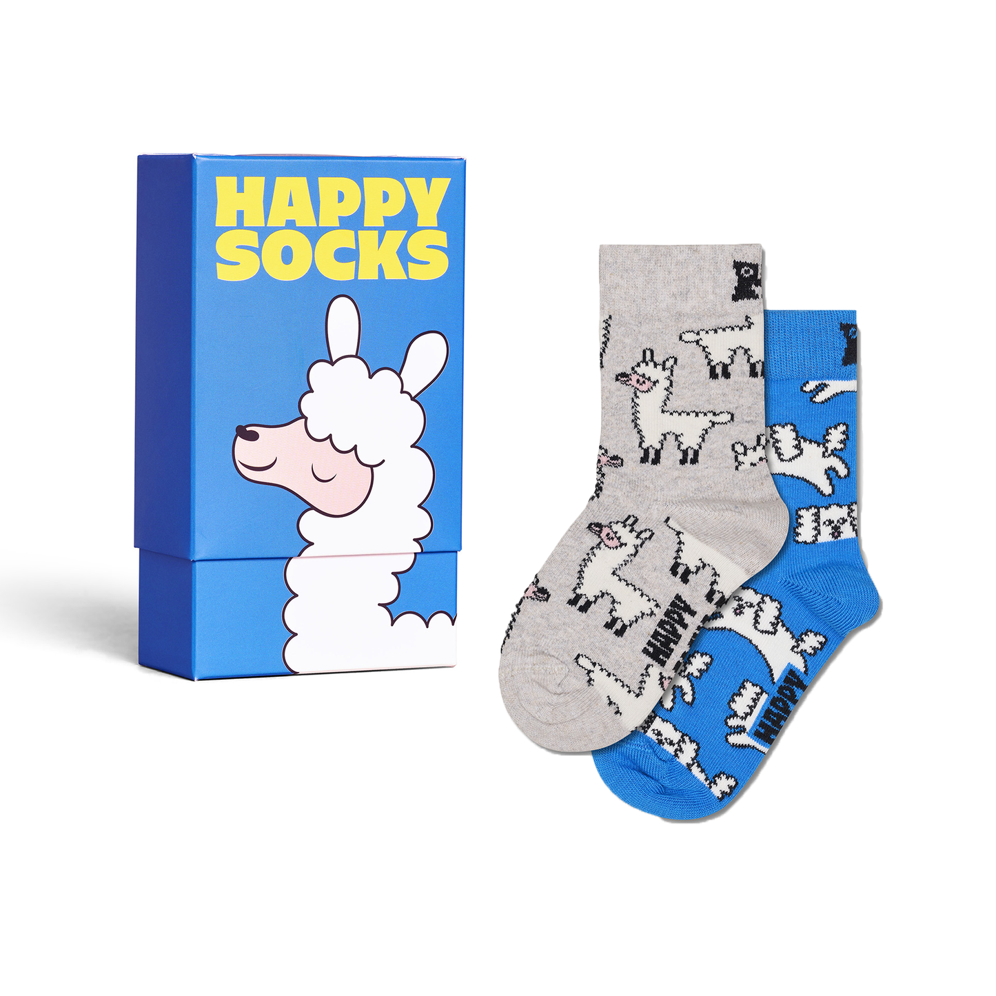 Happy Socks packaging with llama design and two socks featuring llama pattern on a white background