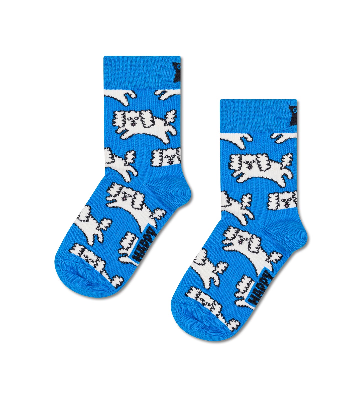 Blue socks with white dog pattern on a white background