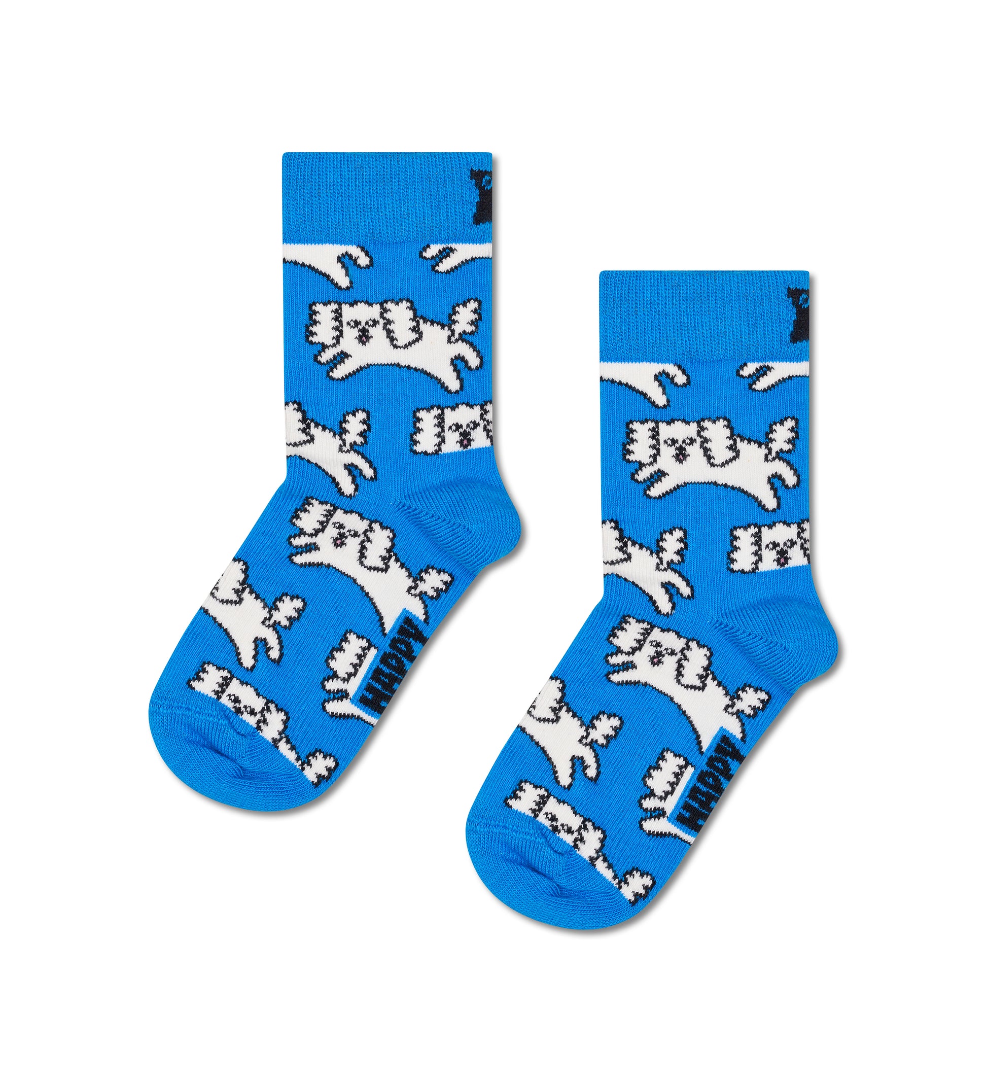 Blue socks with white dog pattern on a white background