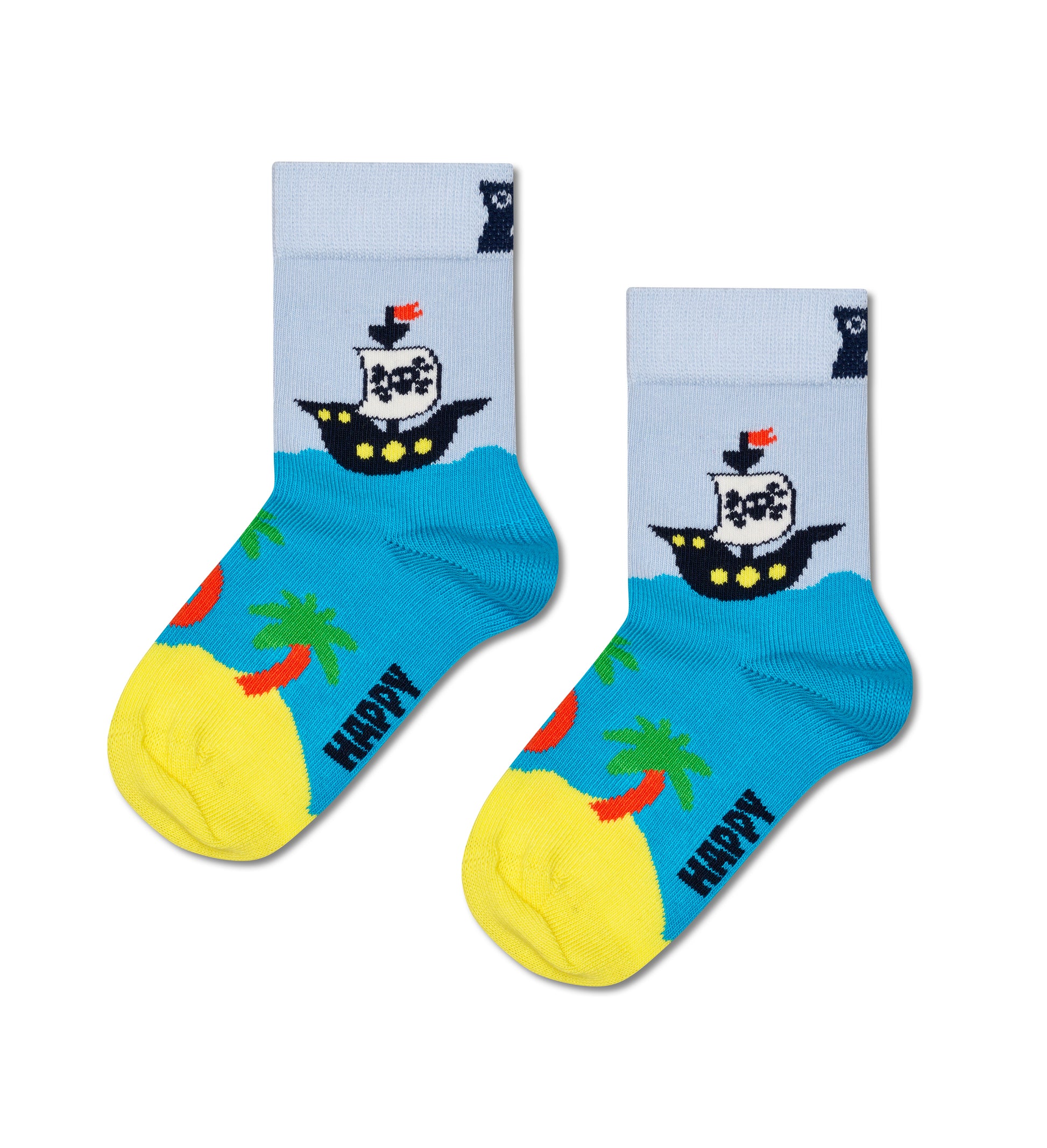 Pair of socks with pirate design and 'Happy' text on a light blue background