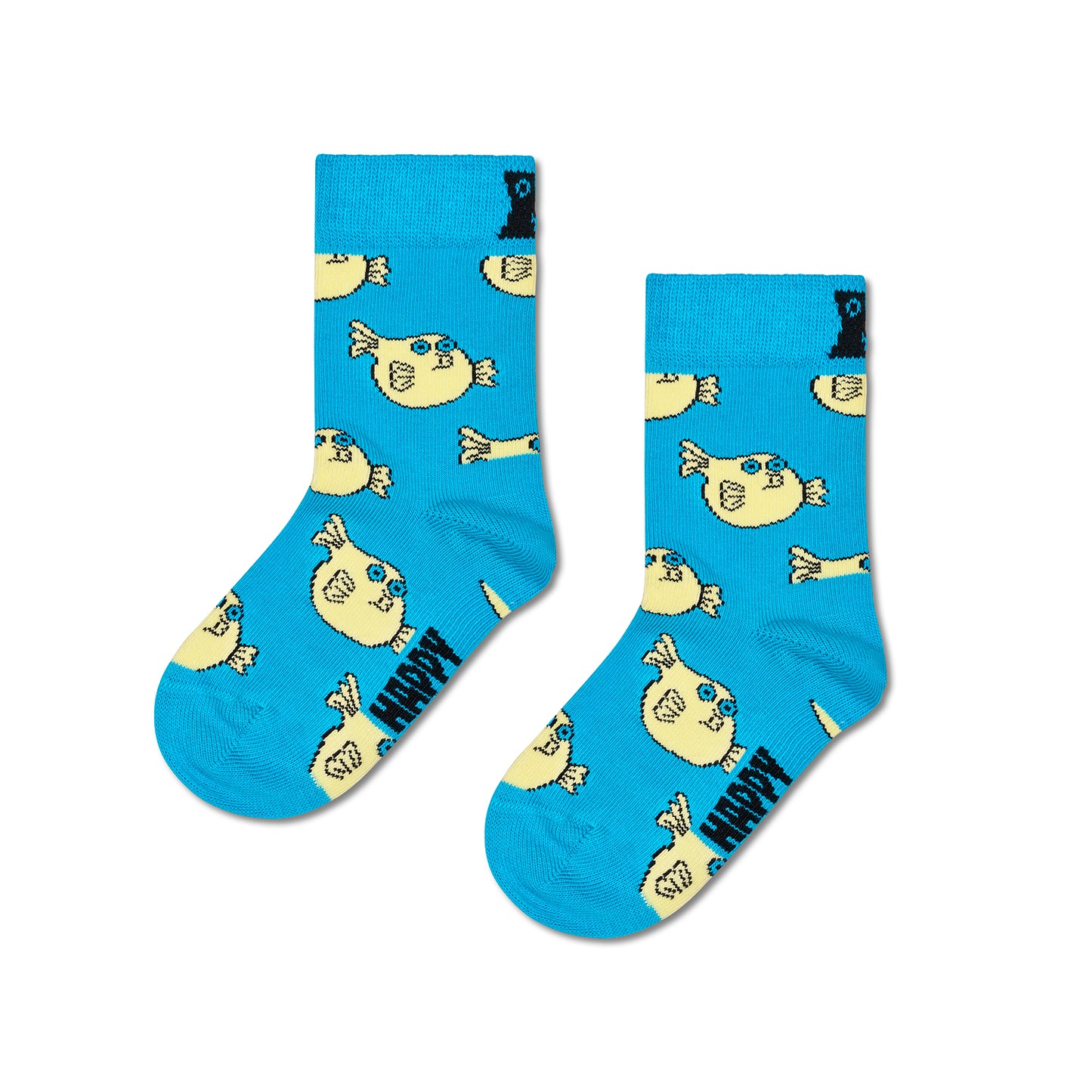 Pair of blue socks with yellow cartoon fish design on a white background
