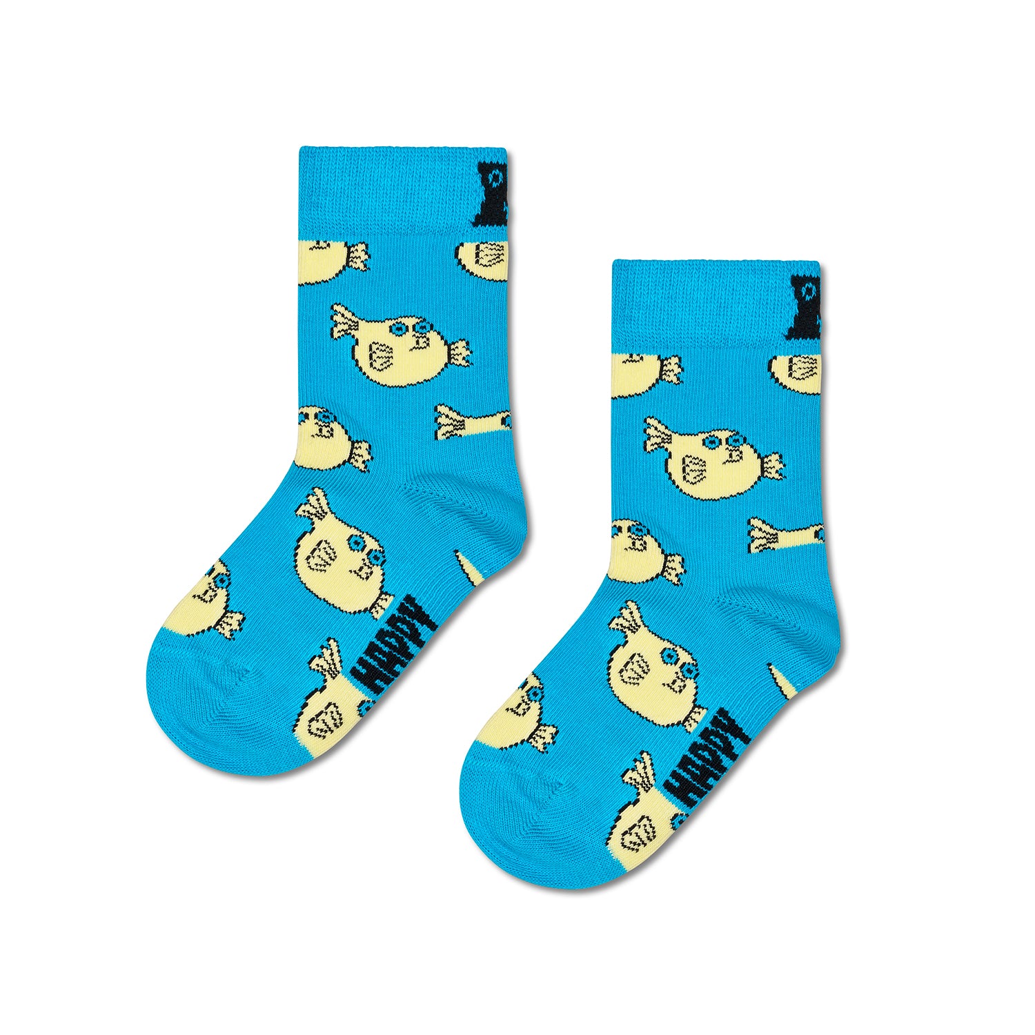 Pair of blue socks with yellow cartoon fish design on a white background