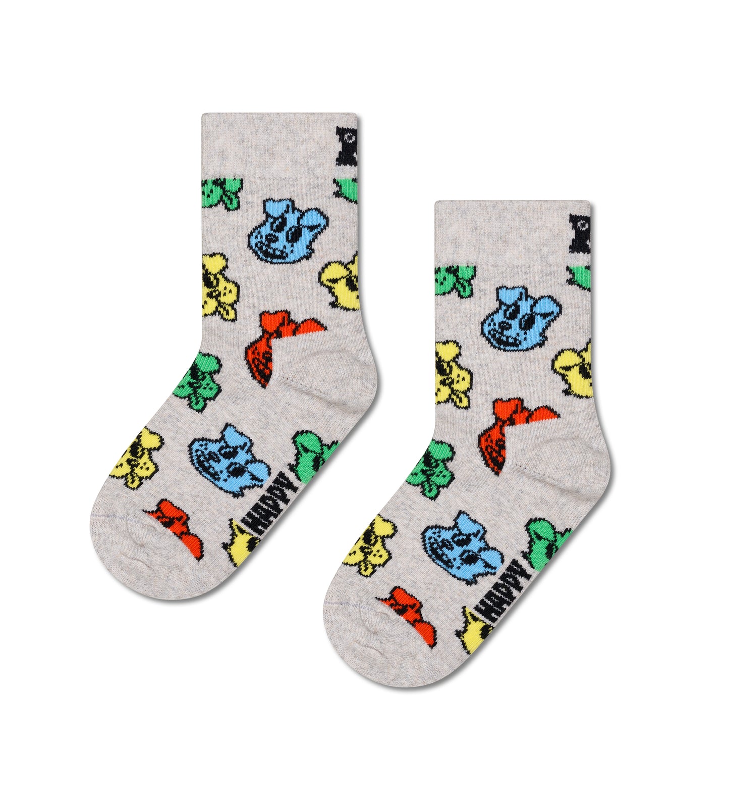 Gray socks with colorful cartoon character design on a white background